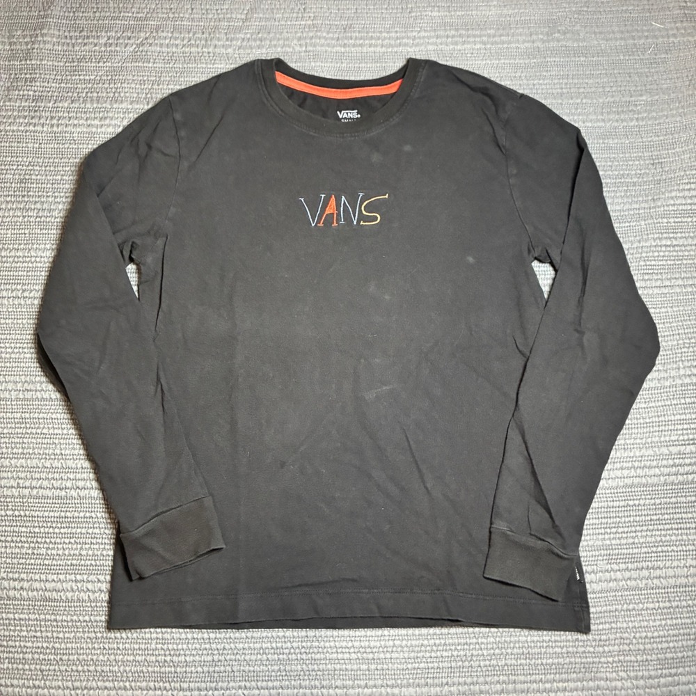 Vans Long Sleeve Shirt Mens Small Black Embroidered Logo Back Graphic Skate Tee
